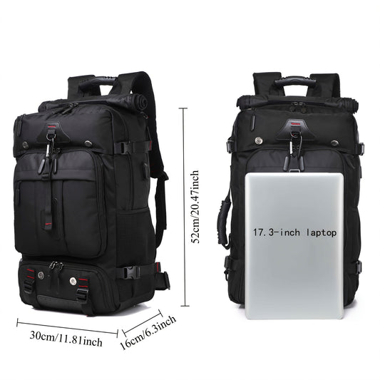 Black backpack with dimensions and laptop size indicator on a white background