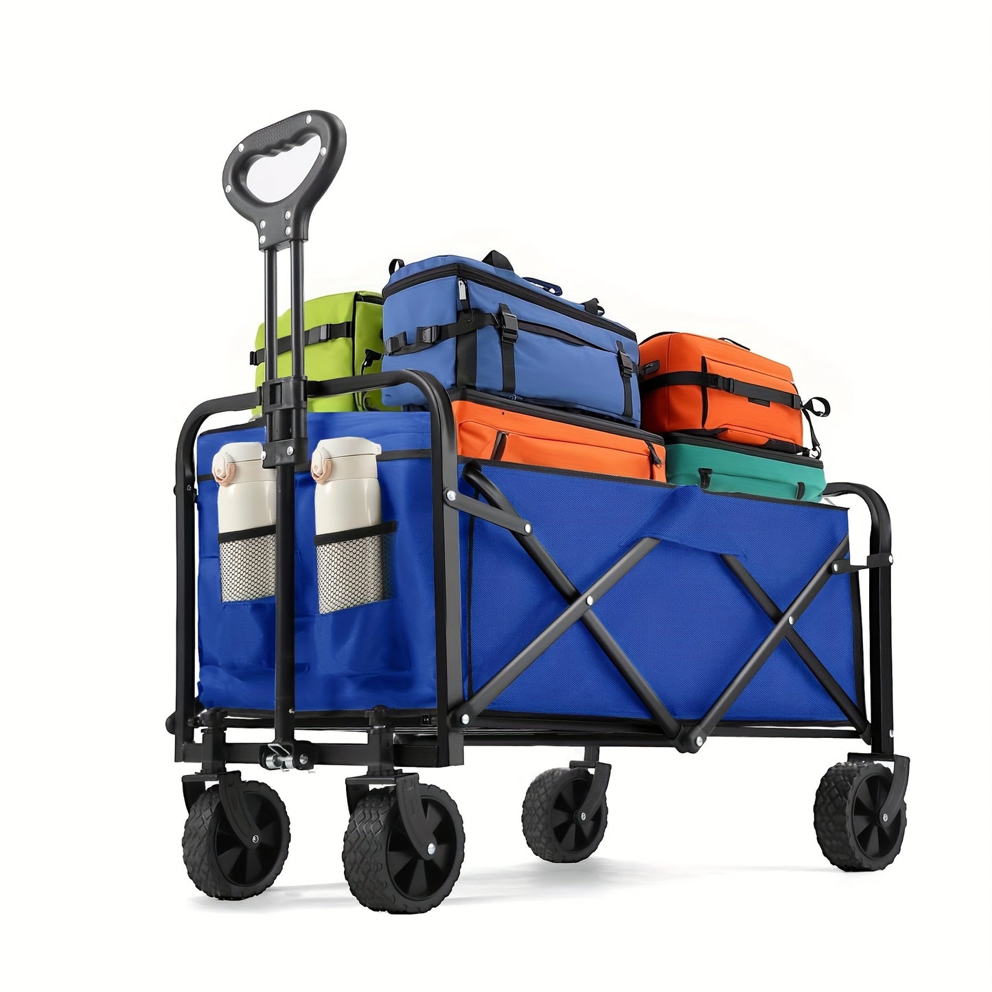 Blue folding cart with colorful storage containers on a white background