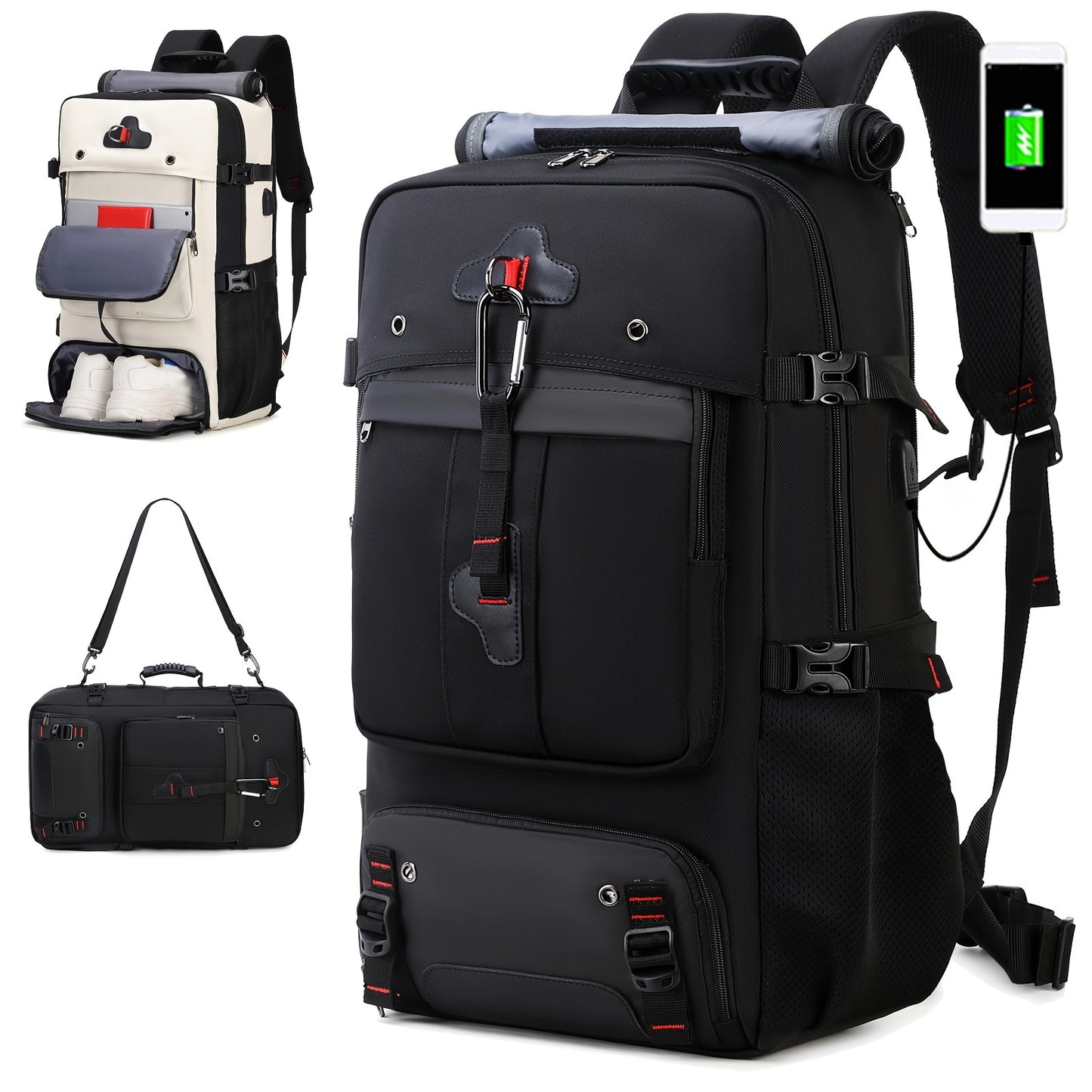 Black travel backpack with multiple compartments and a shoulder strap, shown with additional bags in the background.