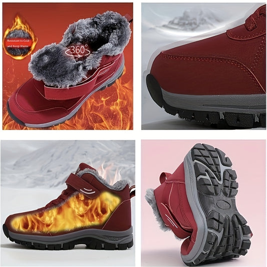 Collage of red winter boots with gray fur lining, shown from different angles and on various backgrounds.