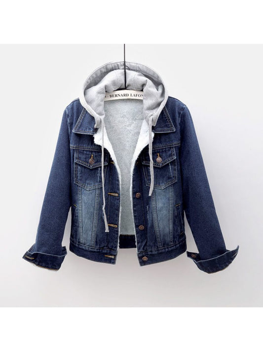 Blue denim jacket with gray hoodie on a white background