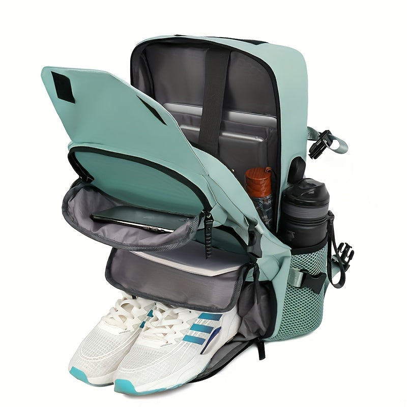 Light blue backpack with open compartments, white sneakers, and a water bottle on a white background