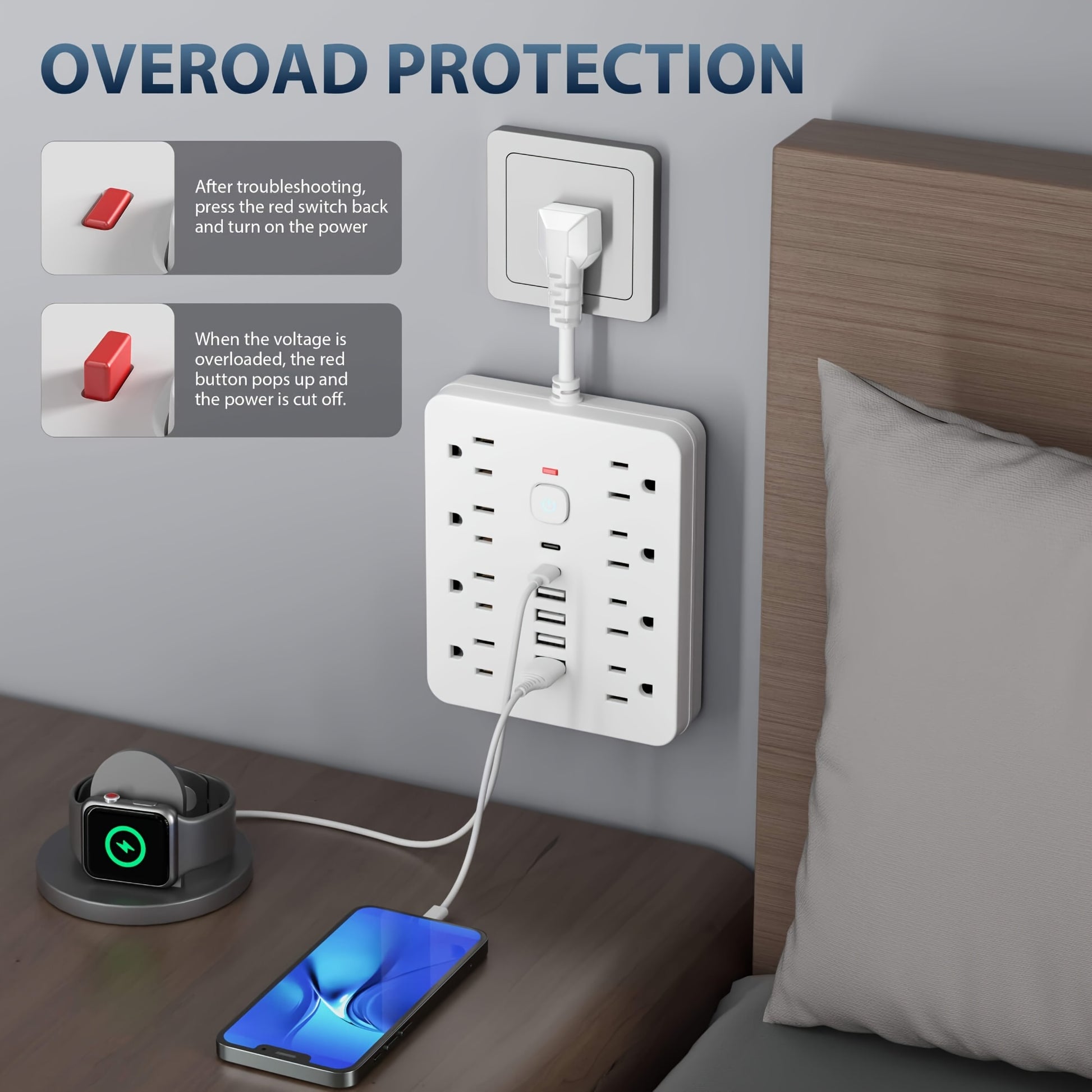 Wall-mounted power strip with multiple outlets and USB ports on a bedside table, featuring overload protection.
