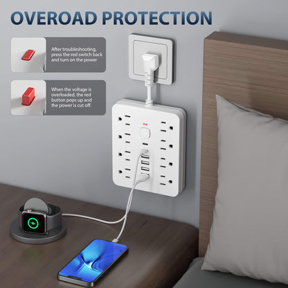 Wall-mounted power strip with multiple outlets and USB ports on a bedside table, featuring overload protection.