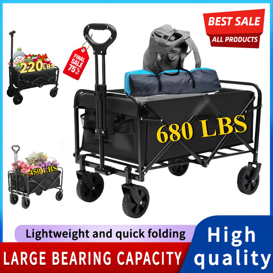 Black folding wagon with large bearing capacity text on a blue background