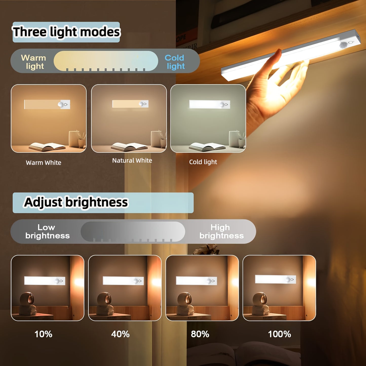 Light strip with adjustable brightness and color temperature shown on a surface.