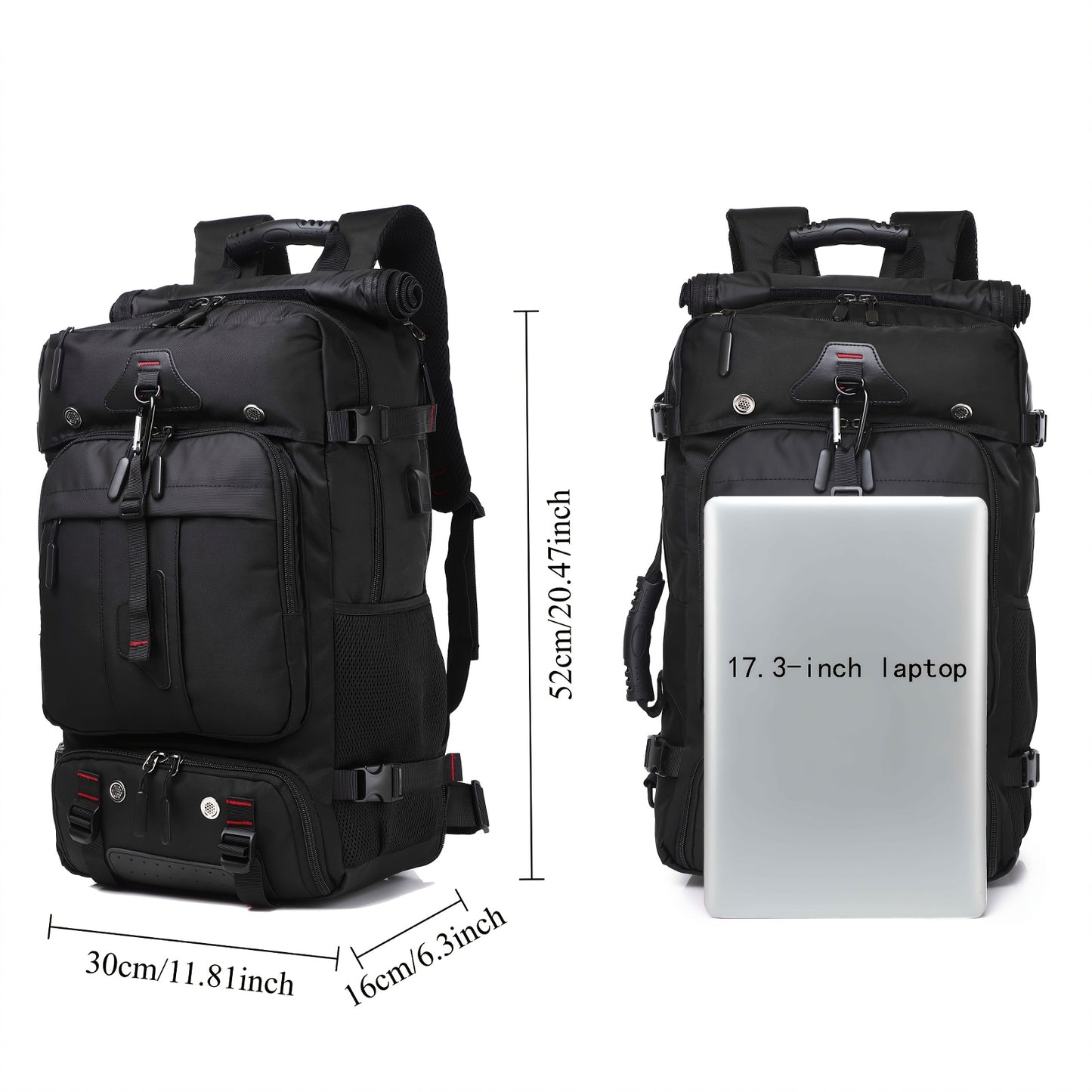 Black backpack with dimensions and laptop size indicator on a white background