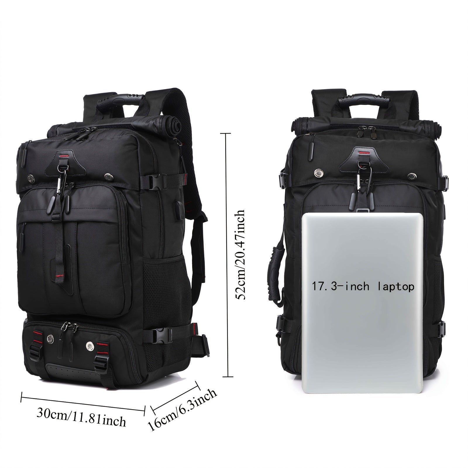 Black backpack with dimensions and laptop size indicator on a white background
