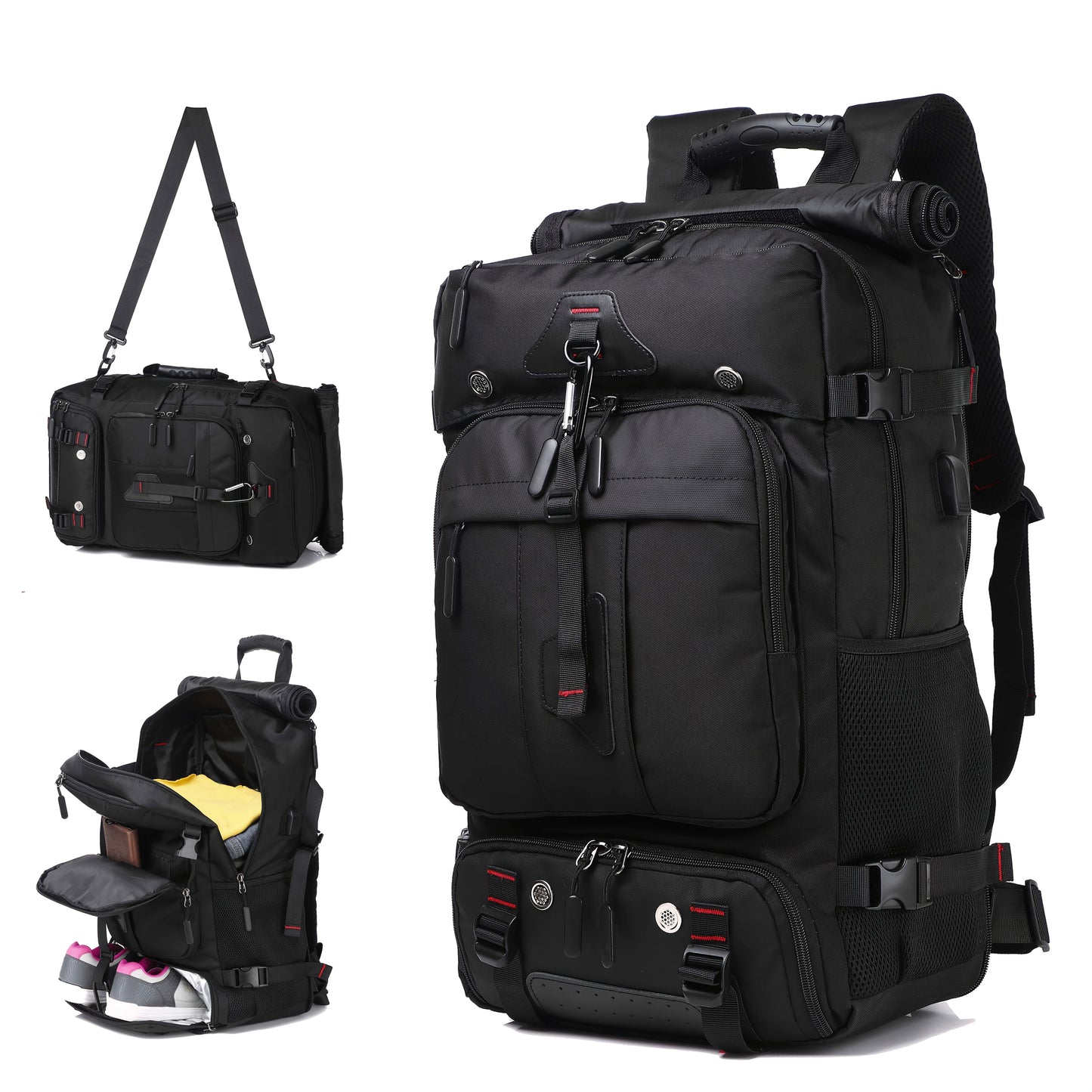 Black travel backpack with multiple compartments and a shoulder strap on a white background