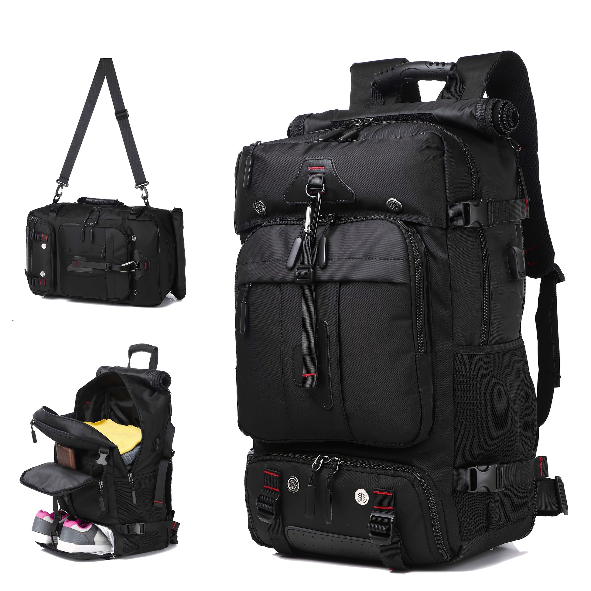 Black travel backpack with multiple compartments and a shoulder strap on a white background