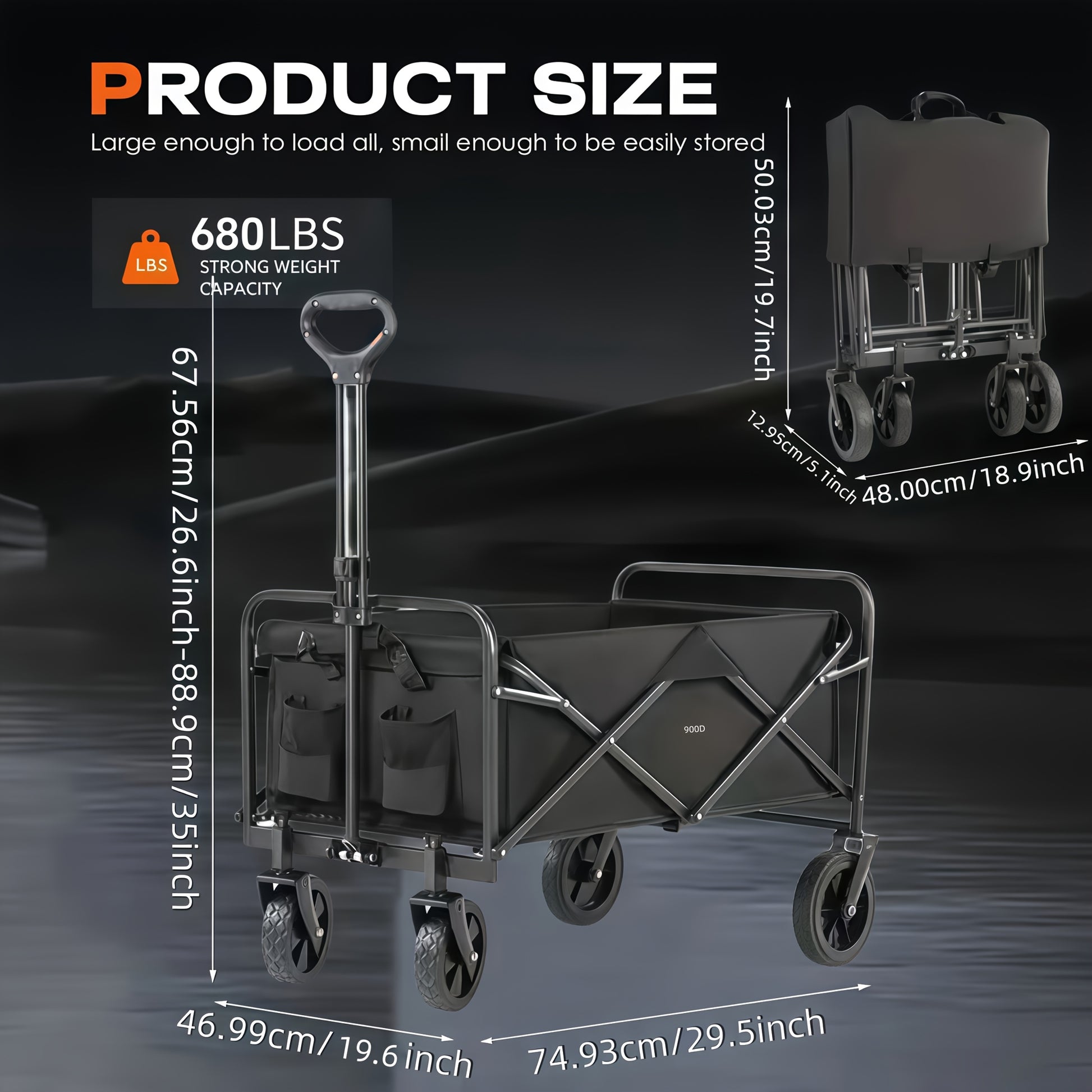 Black folding cart with measurements and product size details on a dark background