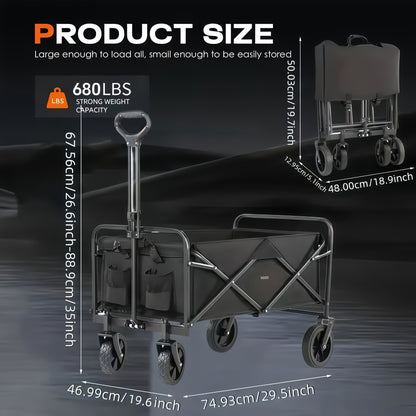 Black folding cart with measurements and product size details on a dark background