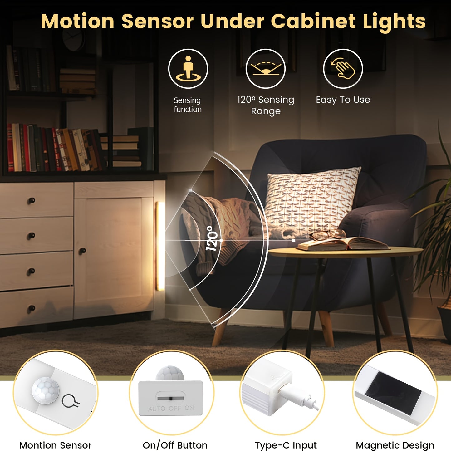 Motion sensor under cabinet lights with features highlighted in a living room setting.