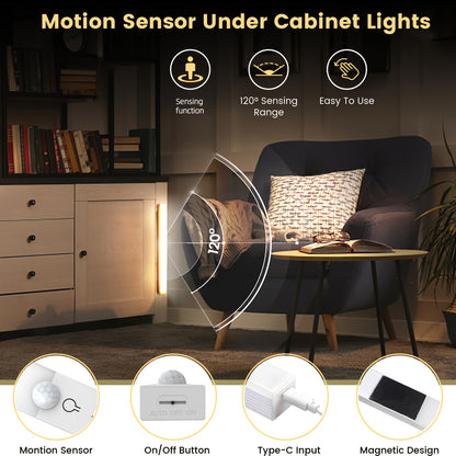 Motion sensor under cabinet lights with features highlighted in a living room setting.