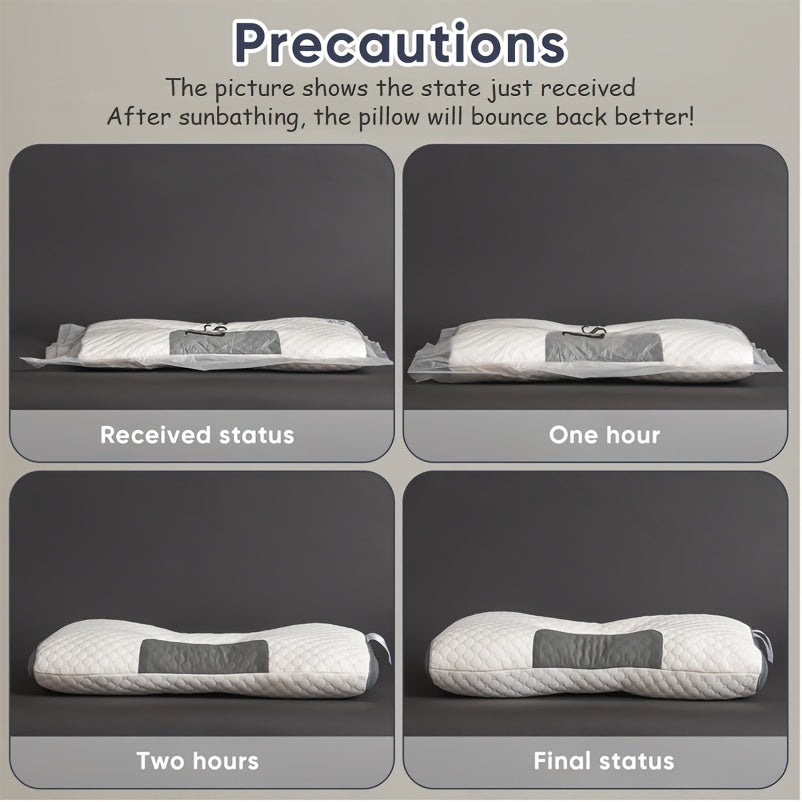 Illustration of a pillow's bounce back process after sunbathing, with text indicating precautions.