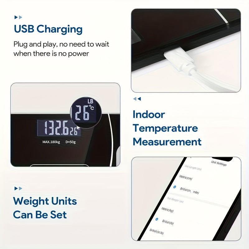 Digital scale with USB charging feature and indoor temperature measurement capability on a white background.