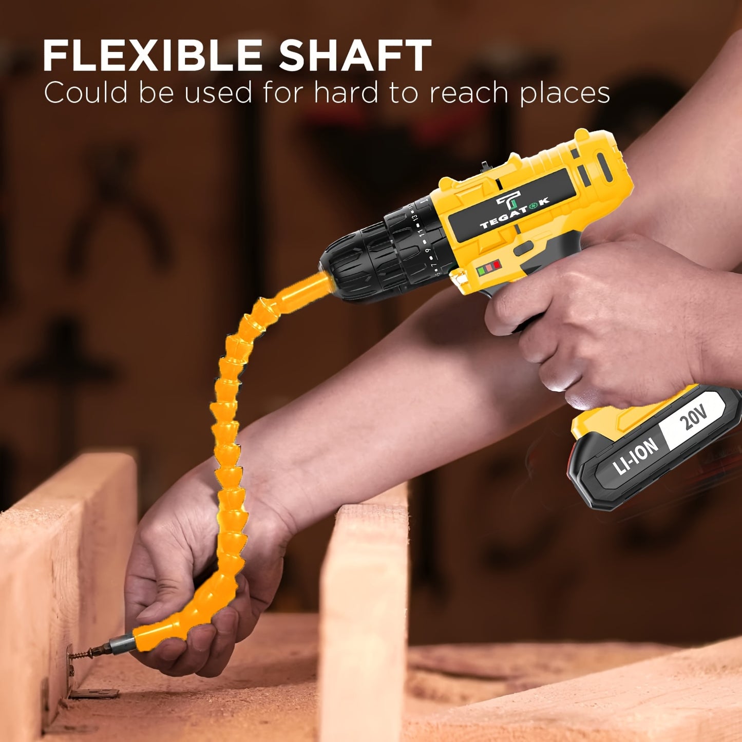 Person using a cordless drill with a flexible shaft to work on wooden furniture.