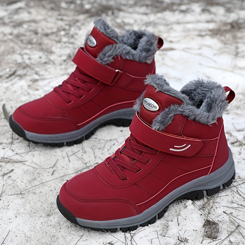 Red winter boots with gray fur lining on a snowy ground