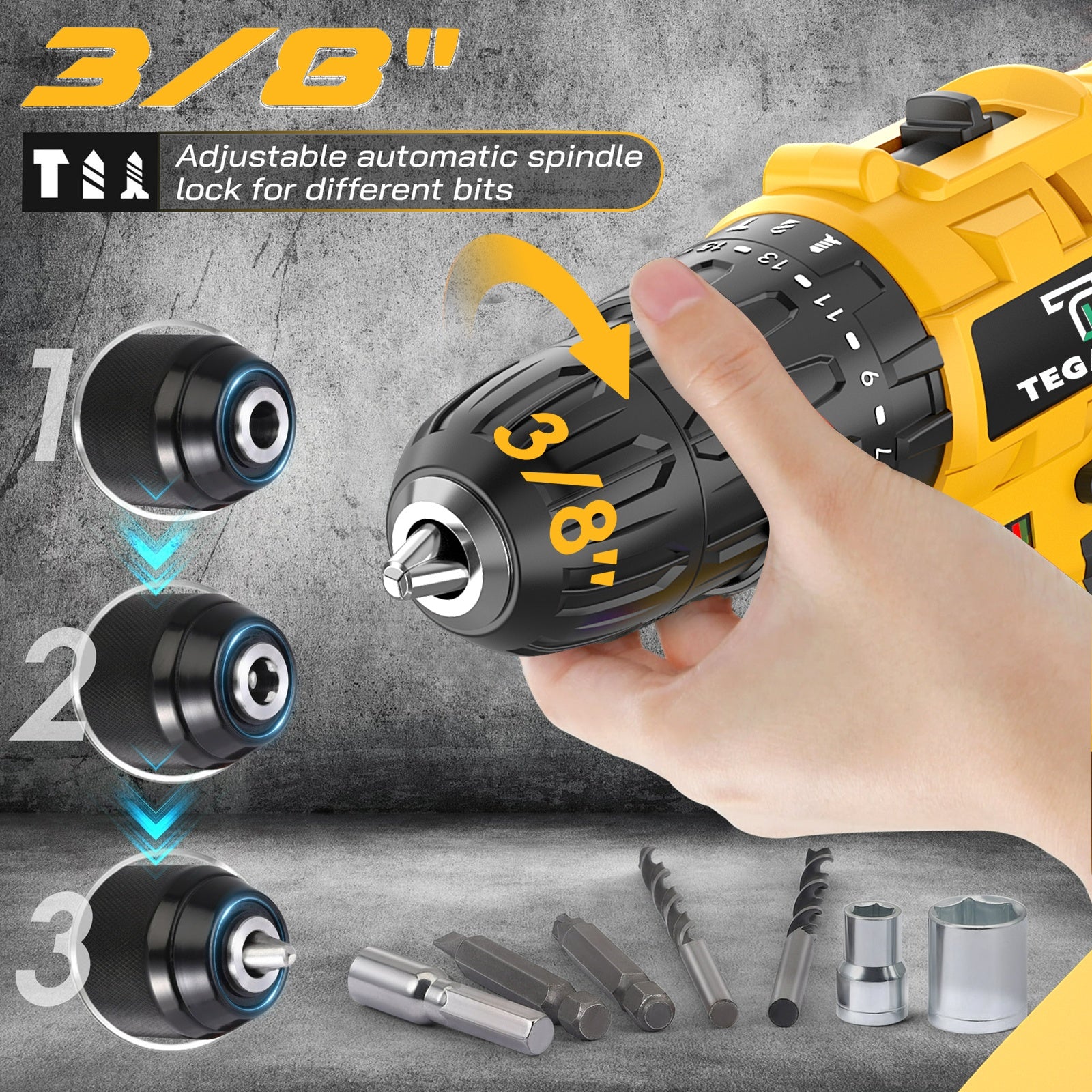 Hand holding a drill with adjustable spindle lock feature, showing different drill bits on a gray background.