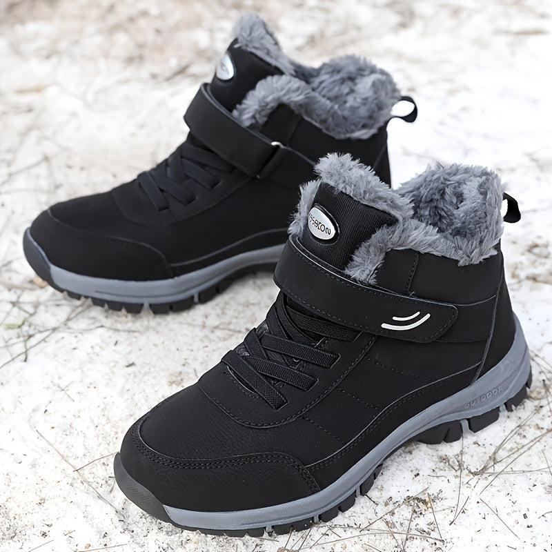 Black winter boots with gray fur lining on a light background
