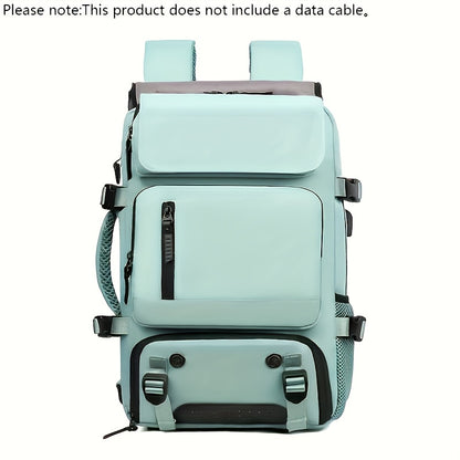 Light blue backpack with multiple compartments on a white background