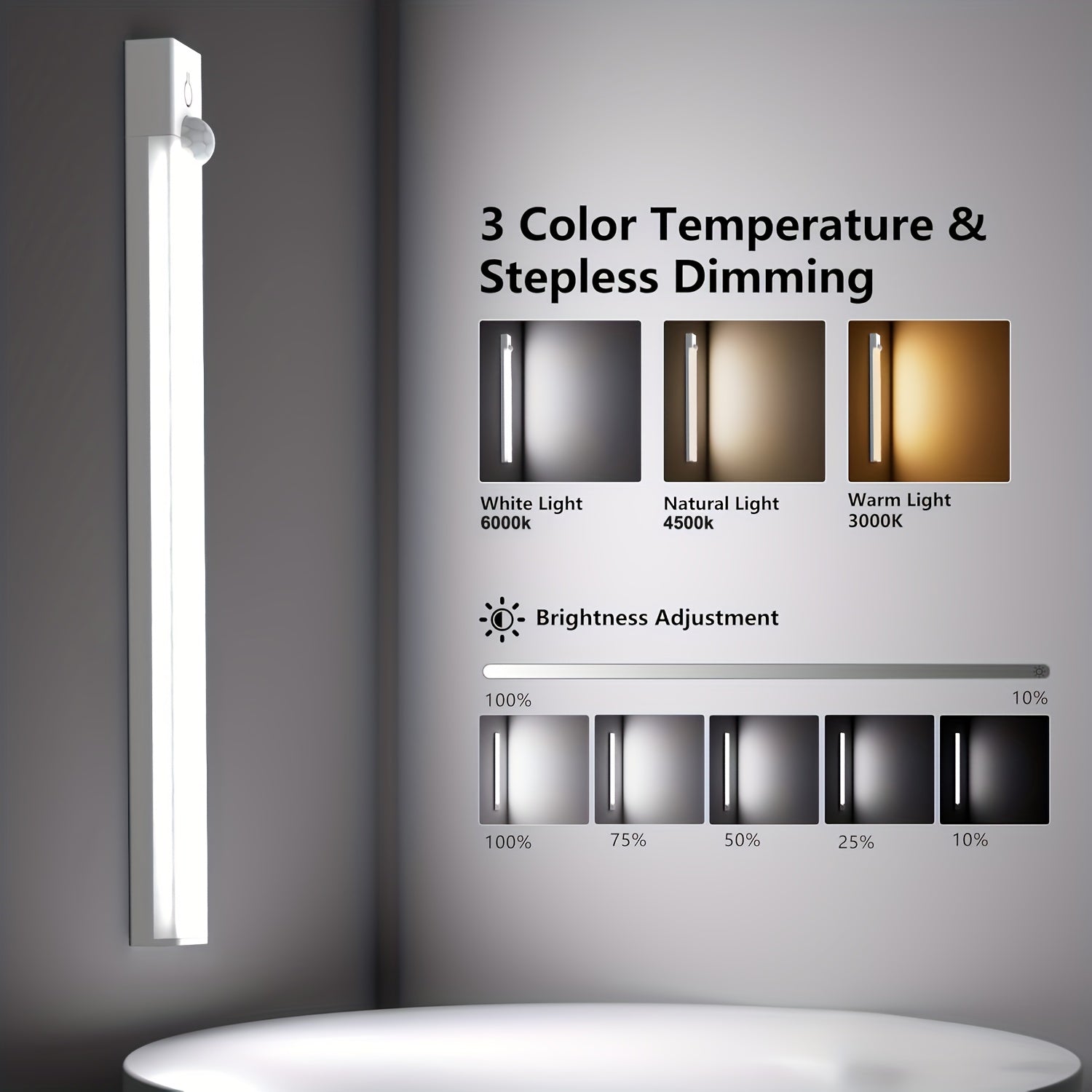 Light fixture with color temperature and brightness adjustment options on a gray wall.