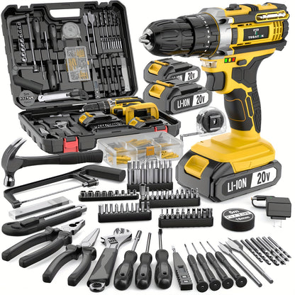 Set of tools including a cordless drill, pliers, screwdrivers, and a toolbox on a white background