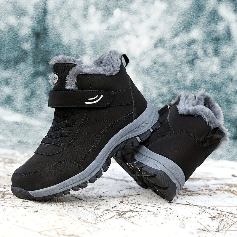 Black winter boots with gray soles and fur lining on a snowy background