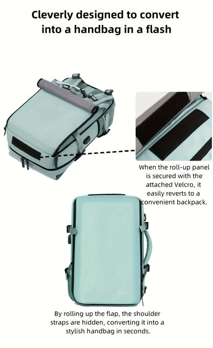 Backpack converting into a handbag with text explaining the process.