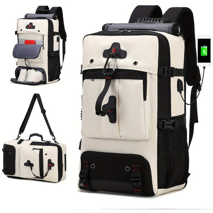 Multifunctional backpack with suitcase and travel bag attachments on a white background