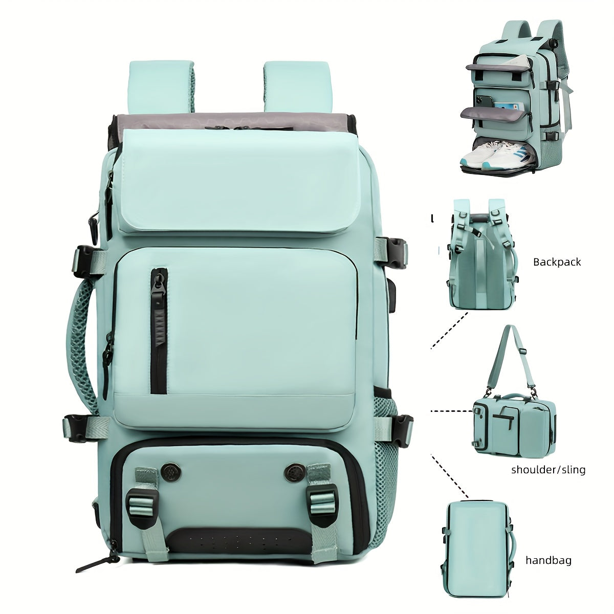 Light blue backpack with multiple compartments and attachments on a white background