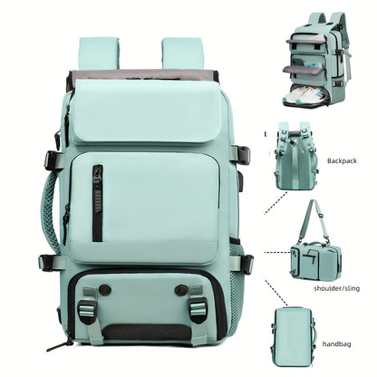 Light blue backpack with multiple compartments and attachments on a white background