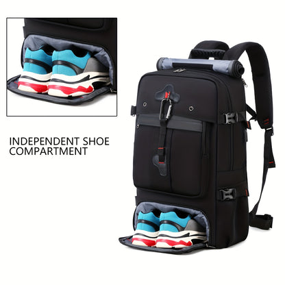 Black backpack with an independent shoe compartment containing shoes.