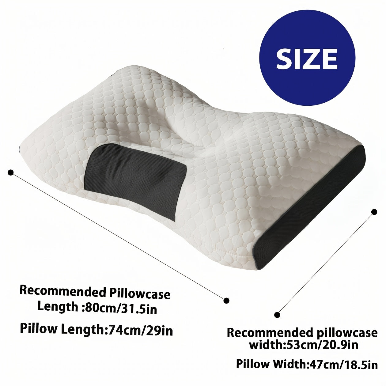 Ergonomic pillow with dimensions and recommended pillowcase size on a white background