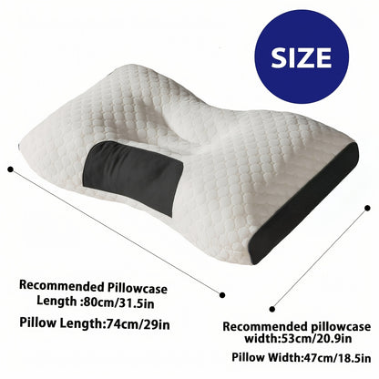 Ergonomic pillow with dimensions and recommended pillowcase size on a white background