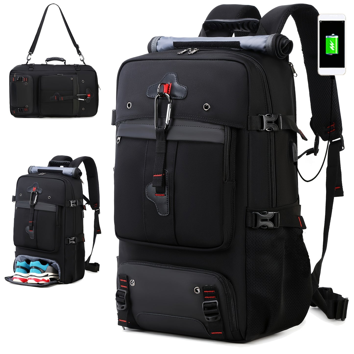 Black travel backpack with multiple compartments and a smartphone on a white background