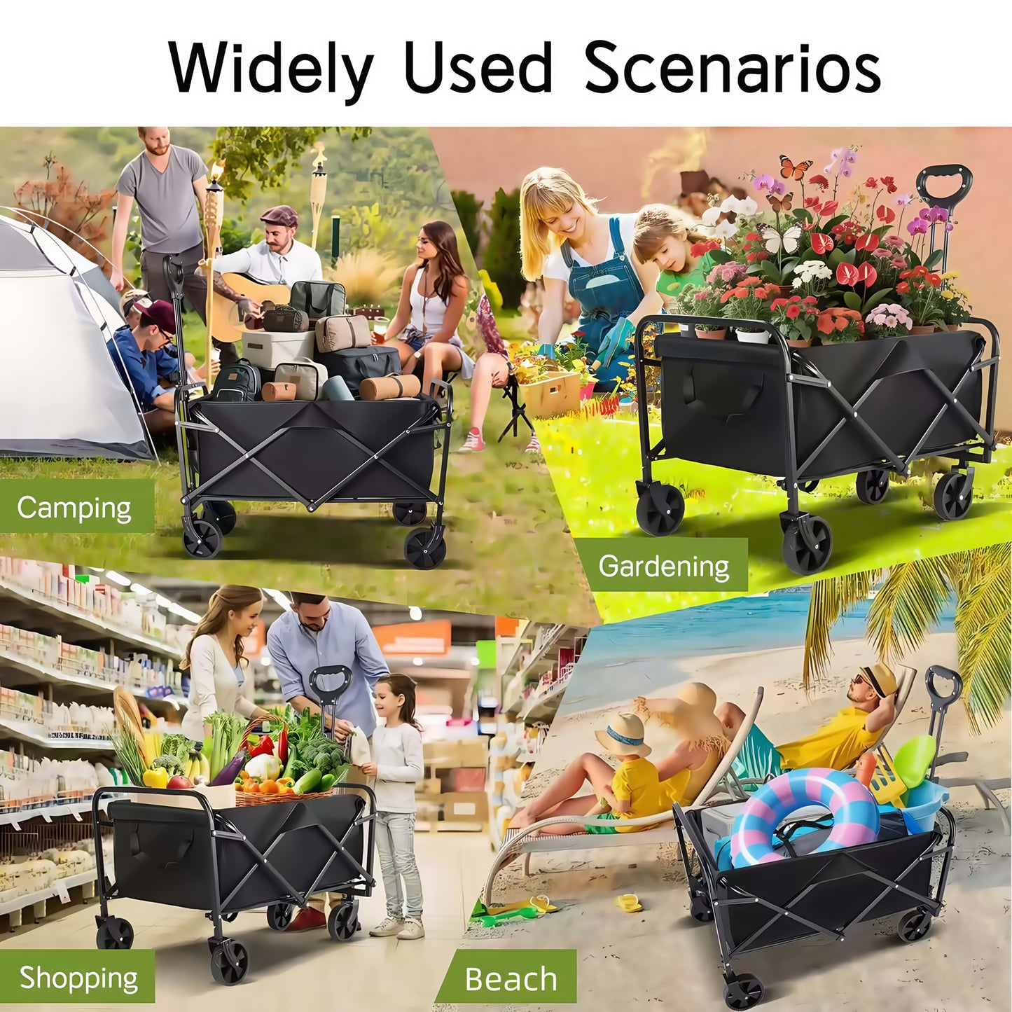 Collage of a folding wagon being used in various scenarios including camping, gardening, shopping, and beach.