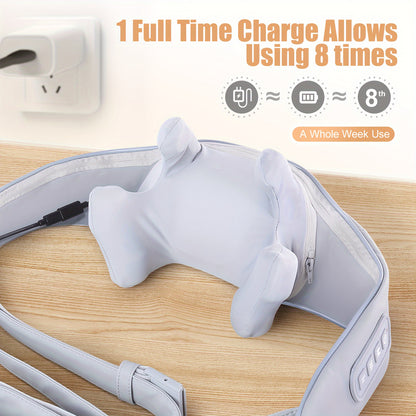 White electronic device with charging cable on a wooden surface, with text indicating battery life.