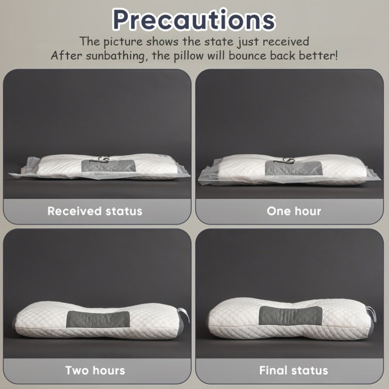 Collage showing the bounce-back process of a pillow after sunbathing on a gray background.