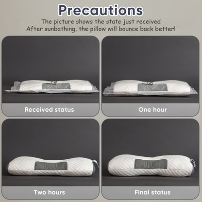 Collage showing the bounce-back process of a pillow after sunbathing on a gray background.