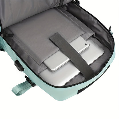 Light blue backpack with a gray interior showing a tablet and phone.