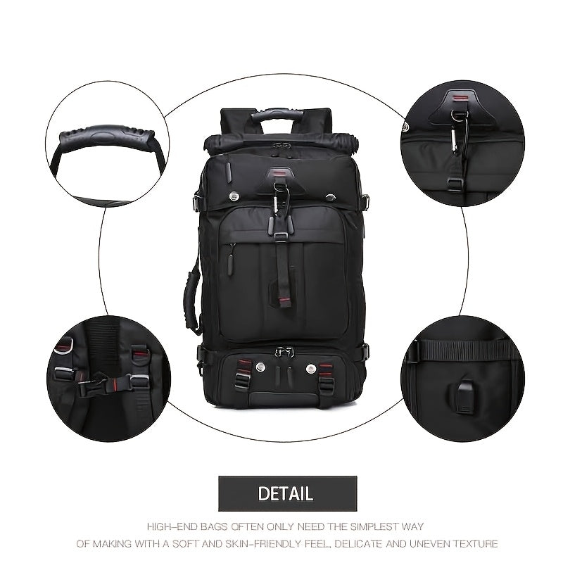 Black backpack with detailed views of handles and zippers on a white background