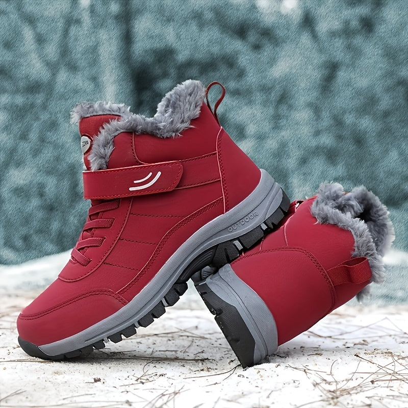 Red winter boots with gray fur lining on a snowy ground