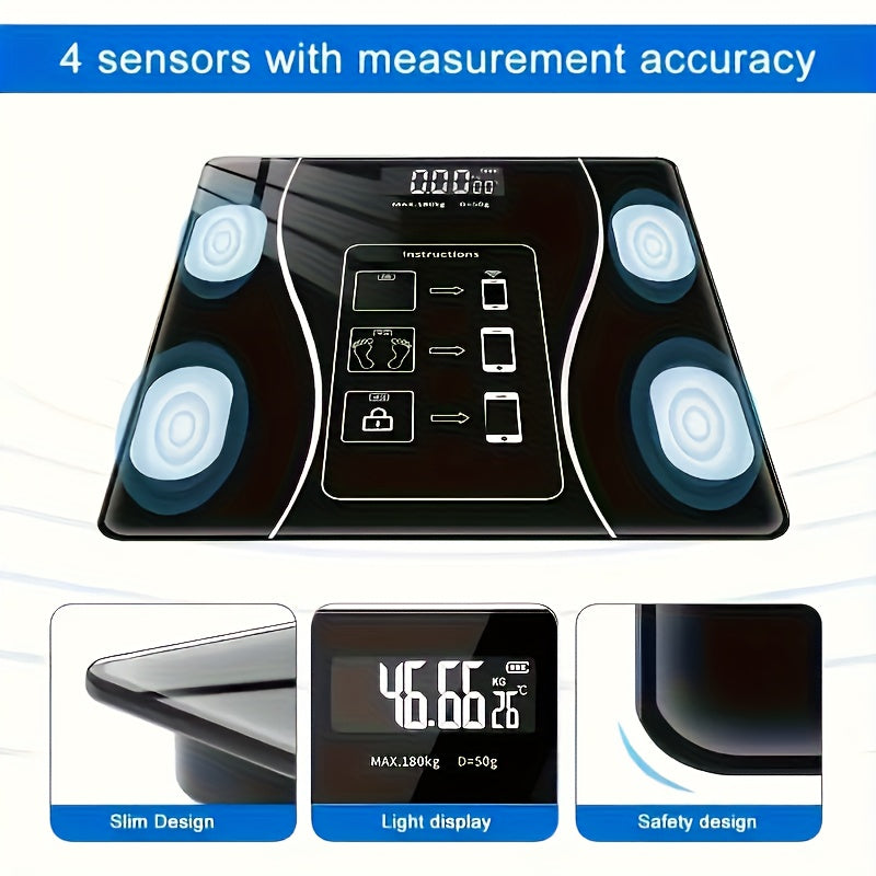 Digital body fat scale with sensors and measurement accuracy text on a blue background