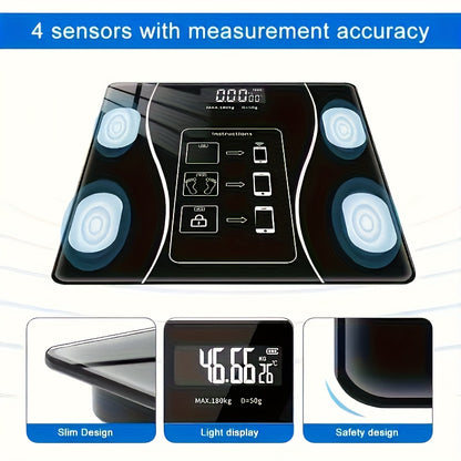 Digital body fat scale with sensors and measurement accuracy text on a blue background