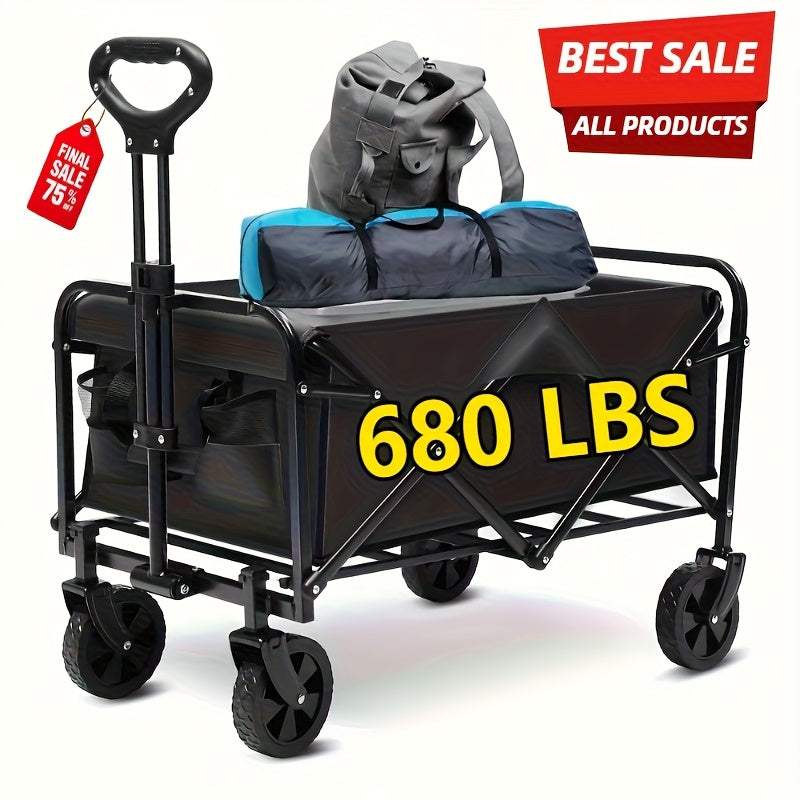 Black folding wagon with a child seat, helmet, and backpack on a white background with promotional text.