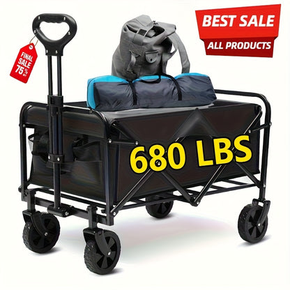 Black folding wagon with a child seat, helmet, and backpack on a white background with promotional text.