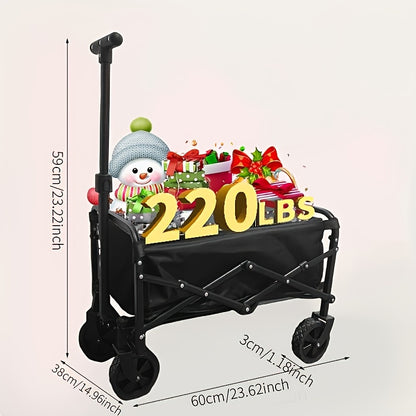 Black folding cart with Christmas decorations and weight capacity text on a light pink background