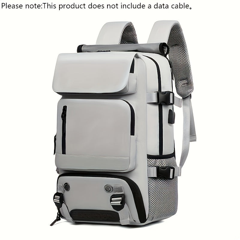 Gray backpack with multiple compartments on a white background