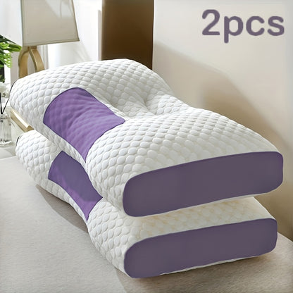 Two white and purple pillows on a bed with '2pcs' text above.